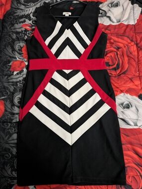 Cato Black, White & Red Chevron Panel Dress